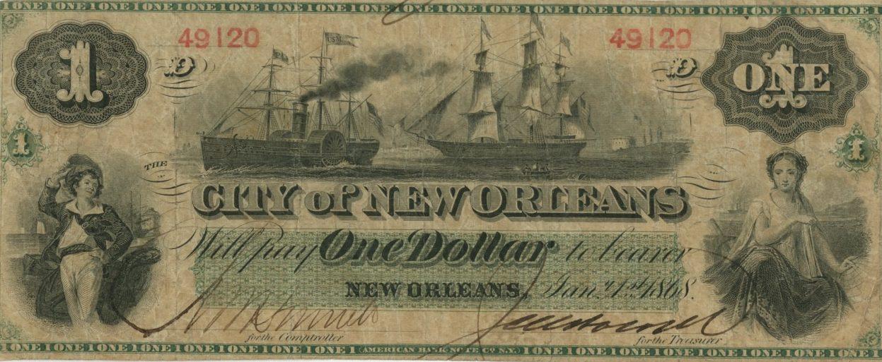 An old-style currency note from the City of New Orleans, valued at one dollar. It features images of two ships, elaborate designs, and portraits of women. The note is dated January 1, 1863, with decorative borders and numerals 49 120.