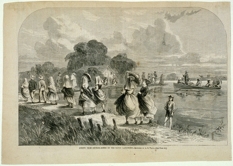 A vintage illustration depicts a group of people in 19th-century attire gathered by a riverbank. Some are boarding a small boat, while others stand on the shore, with trees and a house in the background. The sky is cloudy.