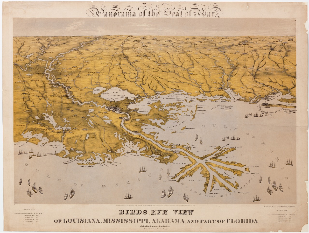 Antique illustrated map titled Birds Eye View of Louisiana, Mississippi, Alabama and Part of Florida. Features waterways, landscapes, and numerous ships along the Gulf Coast. Part of a Panorama of the Seat of War series from the 19th century.