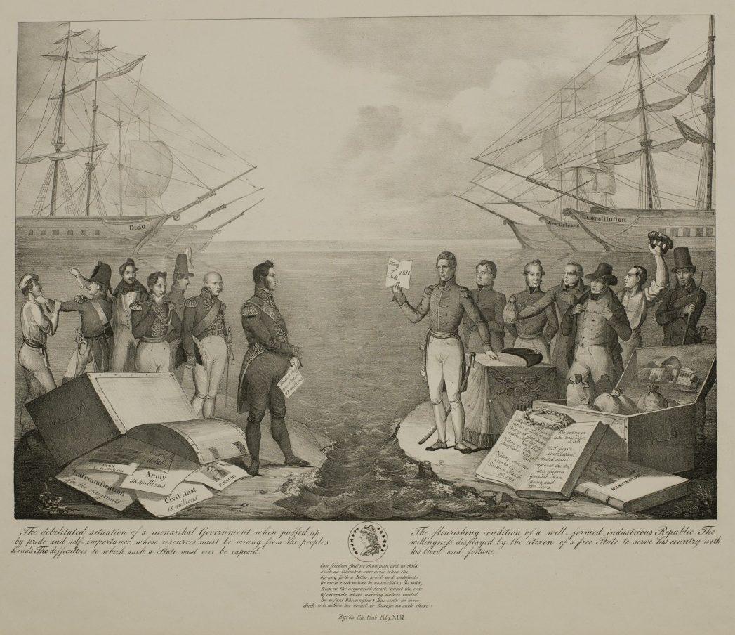 A historical illustration depicts a meeting between American naval officers and Japanese officials on a shore. Two large ships are anchored nearby. Documents and maps are spread on the ground, symbolizing diplomacy and negotiation.