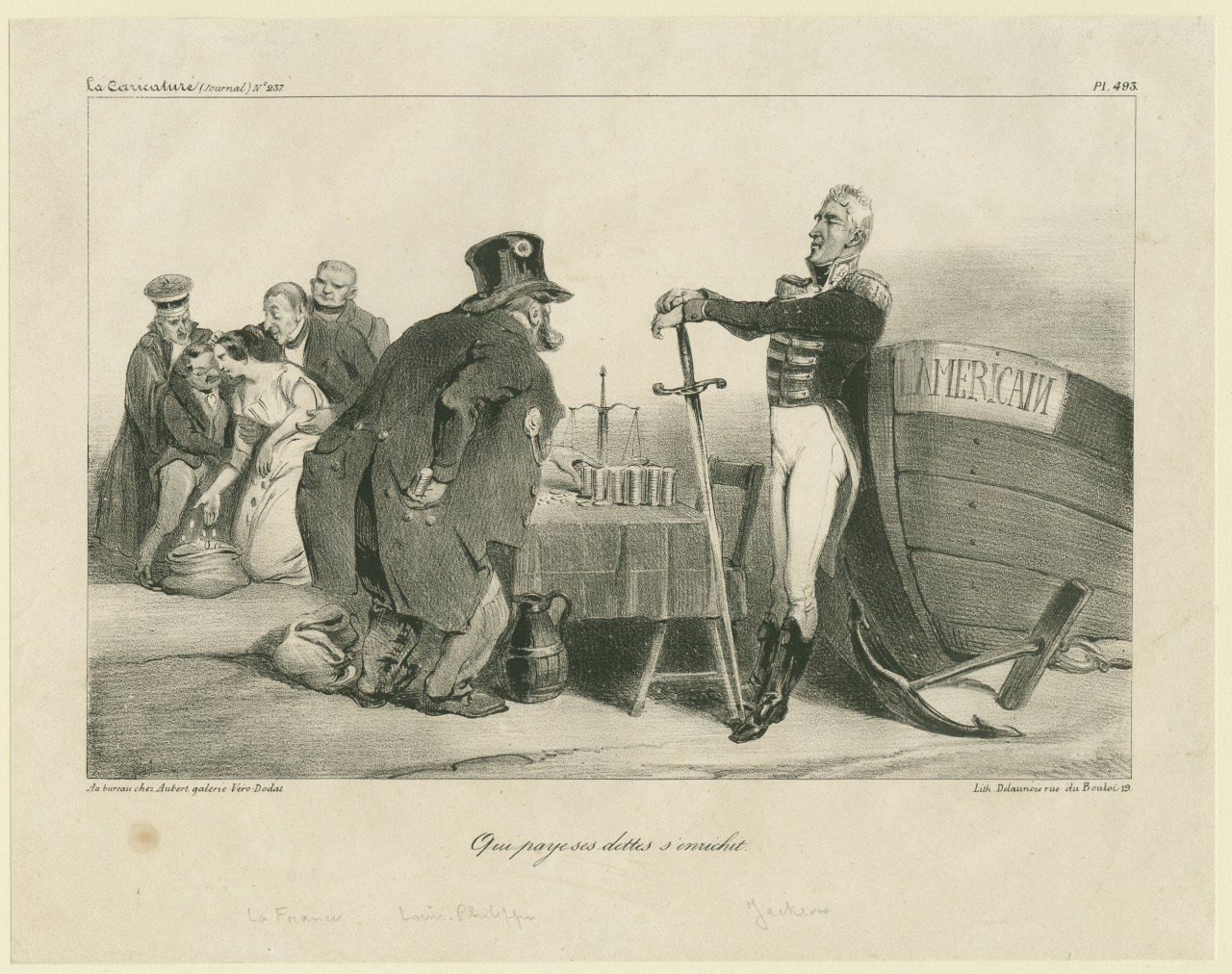 A vintage illustration depicts a military officer and a civilian confronting each other near a table with coins and papers. A ship with LAMERIQUE on it is behind the officer, while distressed figures are seen in the background.