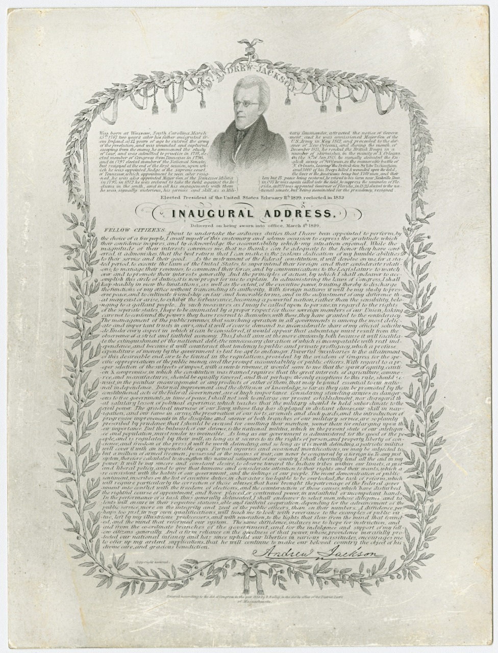 Illustration of an inaugural address document surrounded by an ornate floral border. Features a small portrait of a man at the top, with decorative elements including ribbons and an eagle. Text is densely written below the header Inaugural Address.