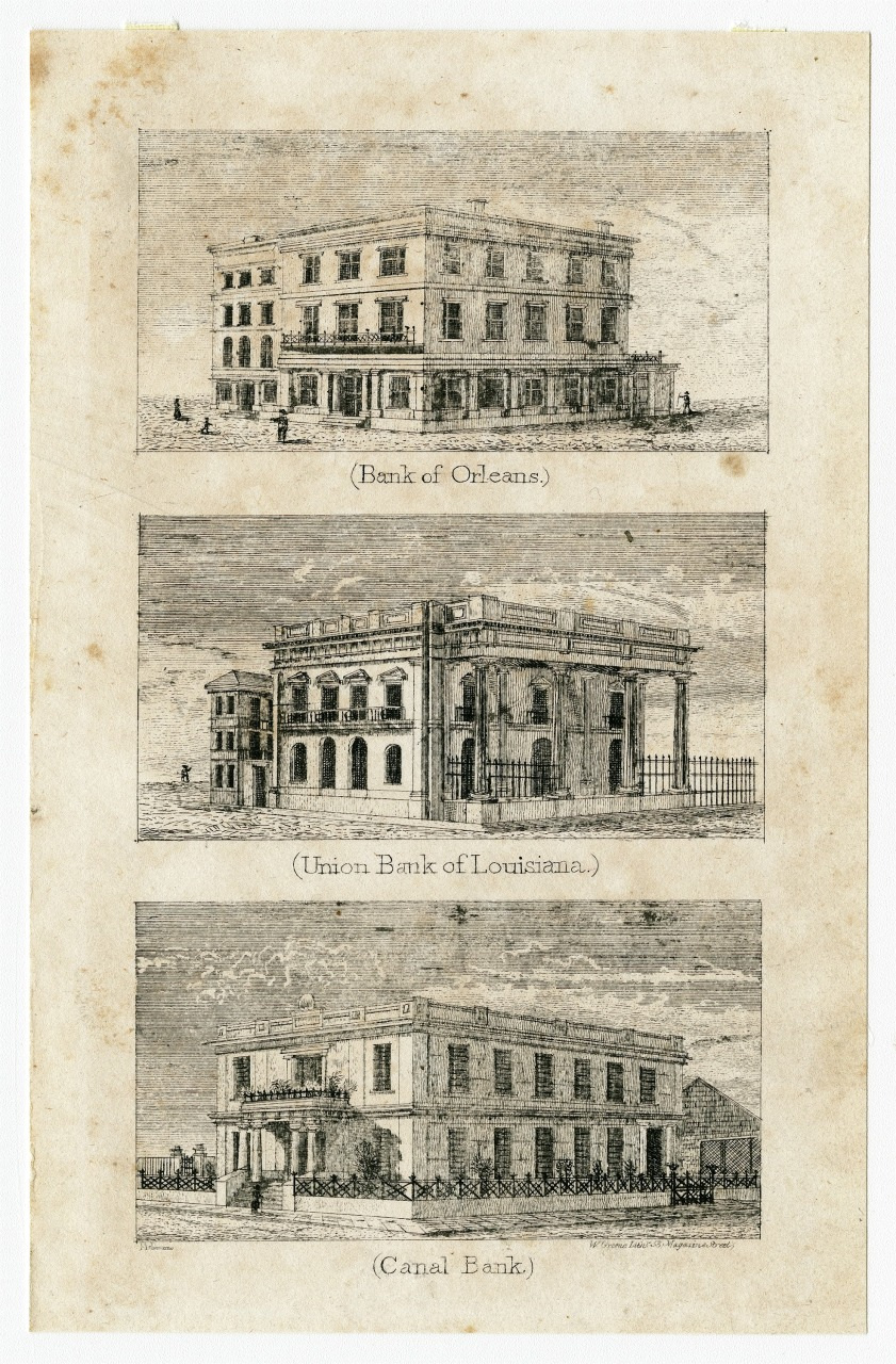 Illustration of three historic bank buildings on an aged paper background: Bank of Orleans (top), Union Bank of Louisiana (middle), and Canal Bank (bottom). Each has distinct architectural features and period charm.