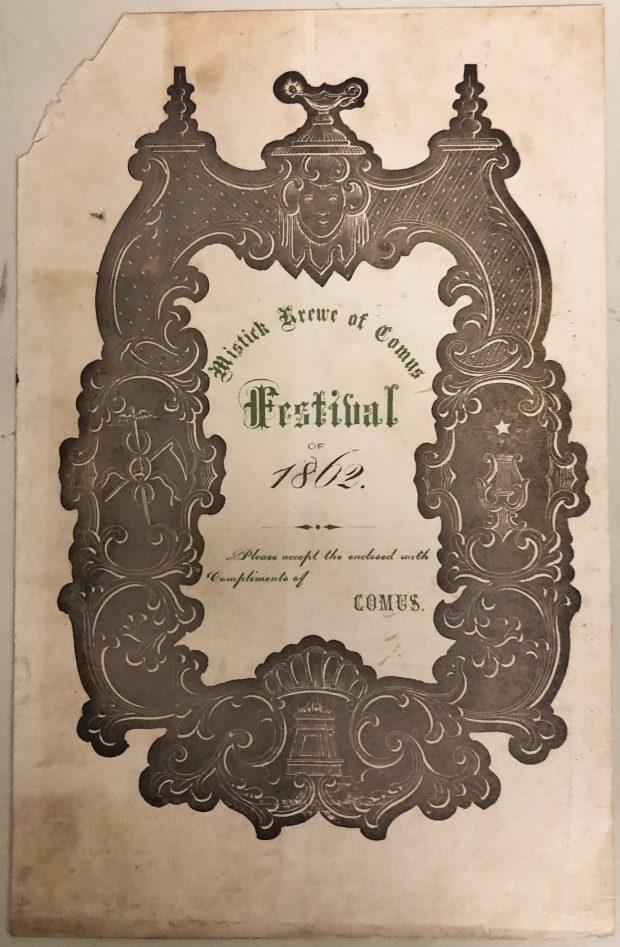 An ornate design on a vintage paper with intricate floral and decorative patterns, featuring the text Musical Errors of Comus Festival of 1842 and Offered to the enclosed with the Compliments of Comus in stylized fonts.