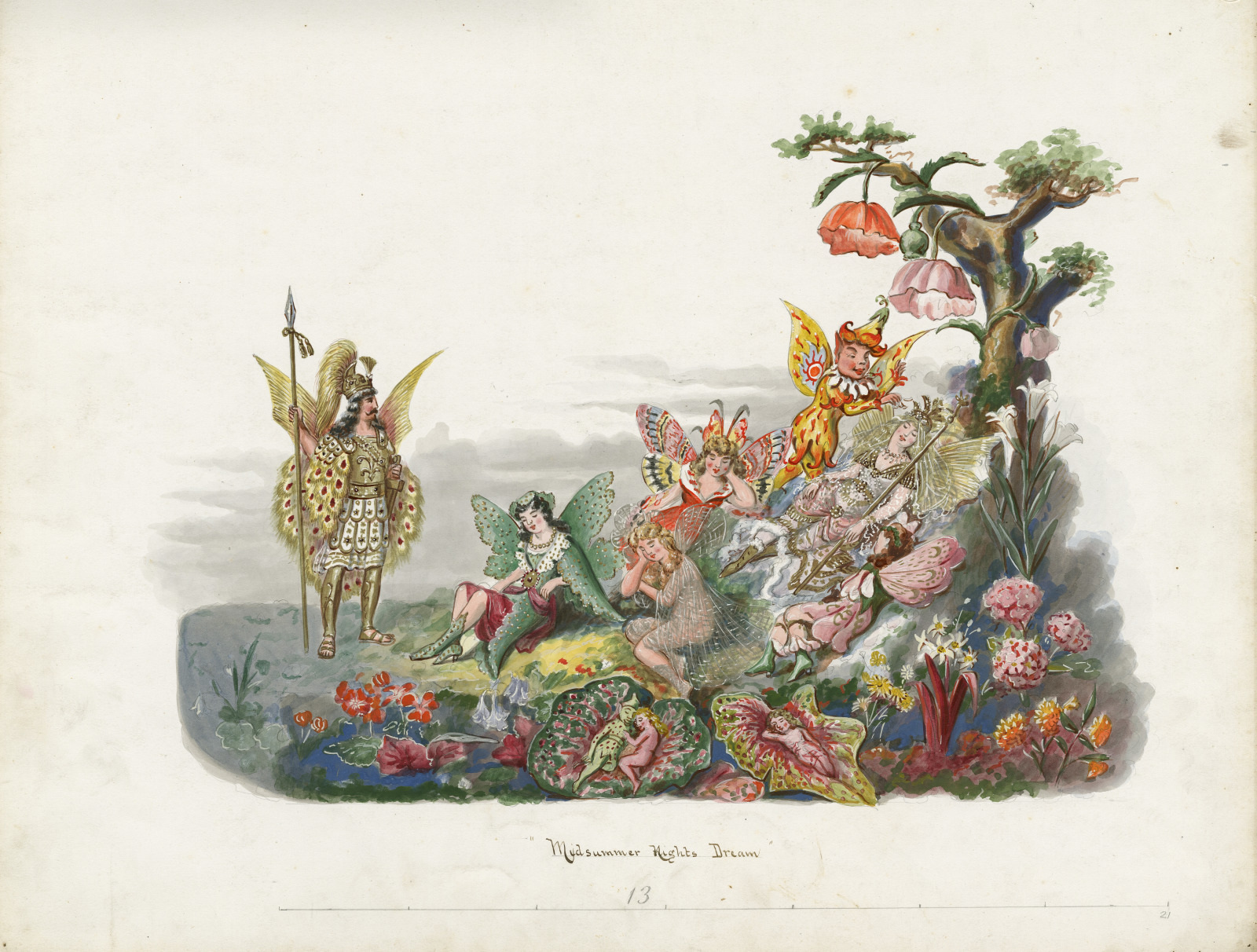 Illustration of fairies in a whimsical garden setting. Various winged figures are gathered around a central figure, who stands holding a spear. Colorful flowers and a tree with hanging lanterns enhance the ethereal scene.