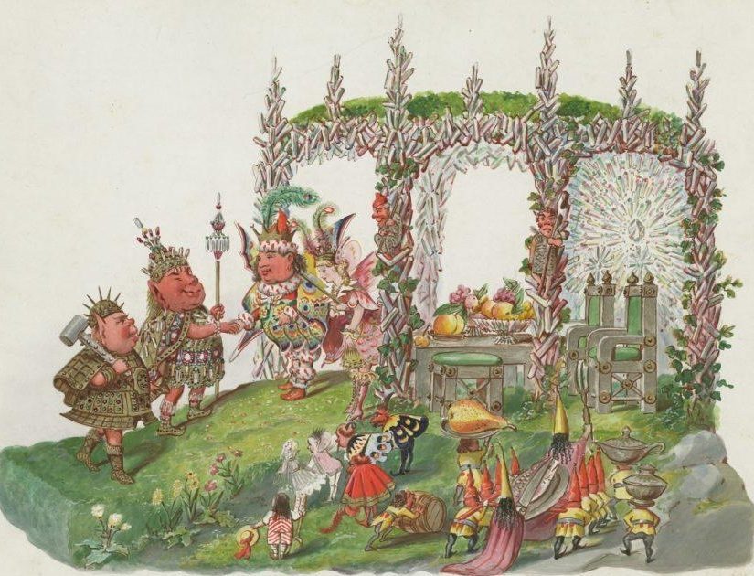 Illustration of a whimsical fairy procession in a lush garden. Characters are adorned in colorful, ornate costumes with crowns and feathers. Theres a canopy of vines, a throne, and various animals and objects surrounding them.