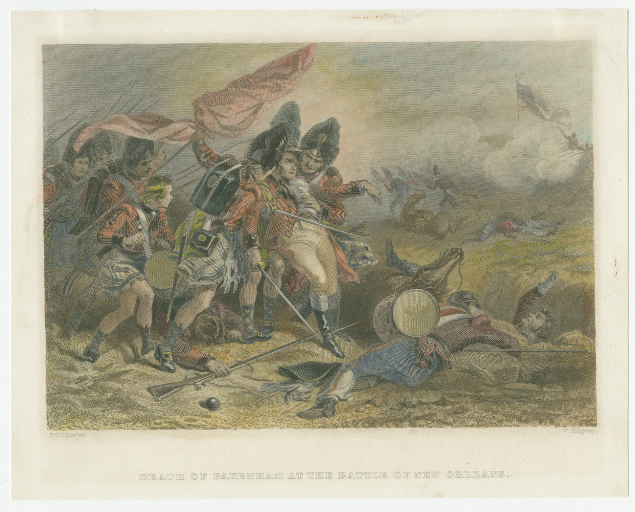 Historic illustration depicting a chaotic battlefield scene during the Battle of New Orleans. Soldiers wearing red coats fight amidst smoke and flags, with one fallen soldier in the foreground. The sky is clouded, adding to the dramatic atmosphere.