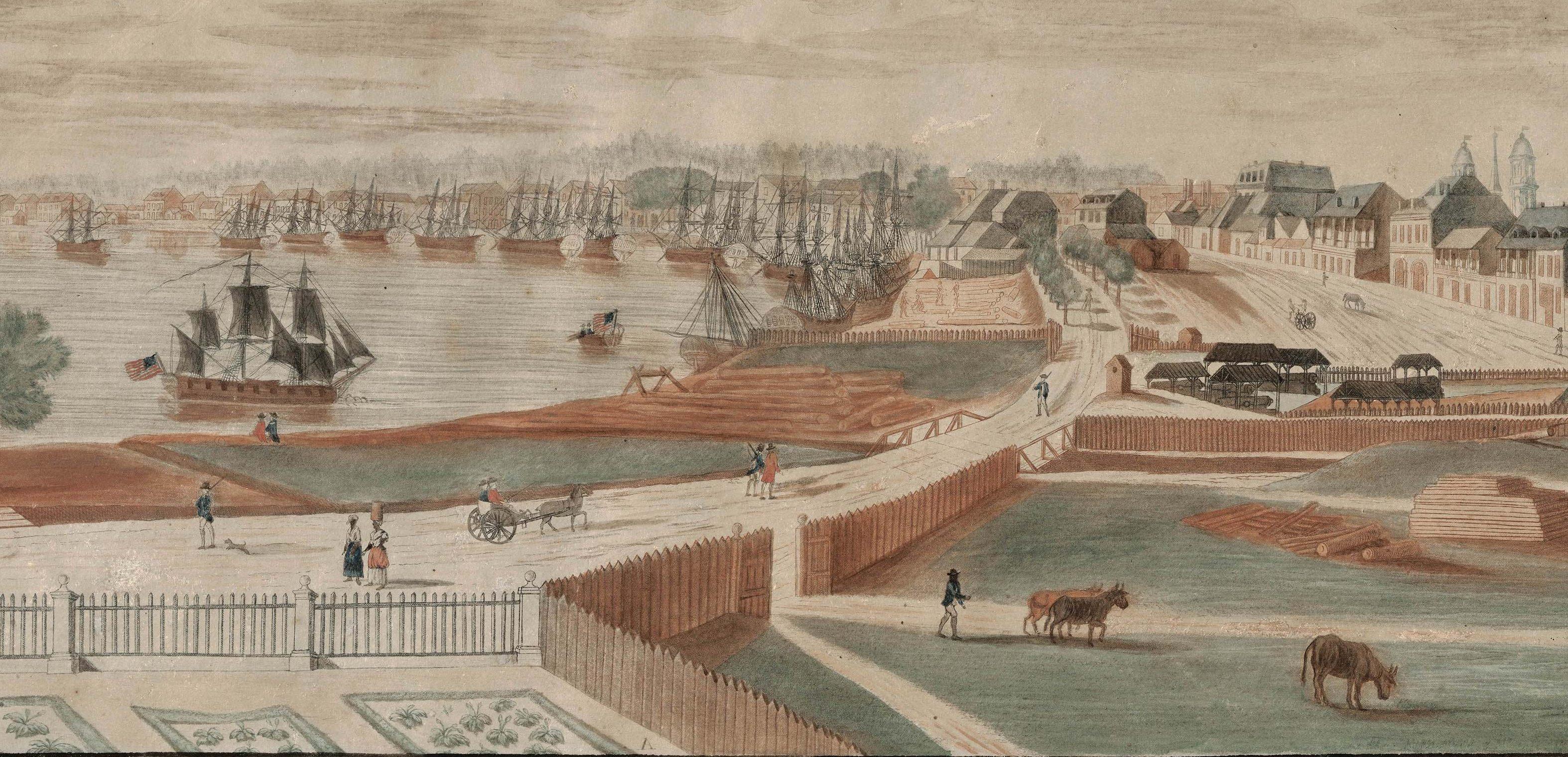 An 18th-century harbor scene with ships docked along the shore. People walk and ride horses near the water. Buildings line the waterfront, and a fenced garden is in the foreground. A cow grazes in the field. The scene is pastoral and bustling.