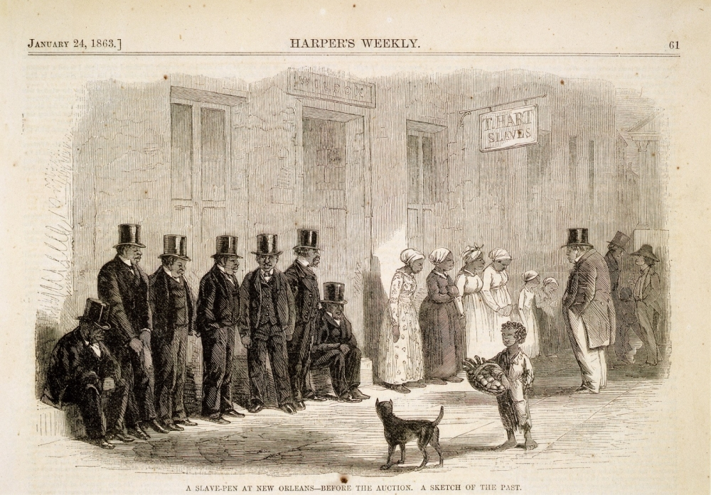 An 1863 illustration from Harpers Weekly shows a scene in front of a slave auction house in New Orleans. A group of well-dressed men in top hats sit on benches, while African American individuals stand nearby. A child with flowers is near a black cat.