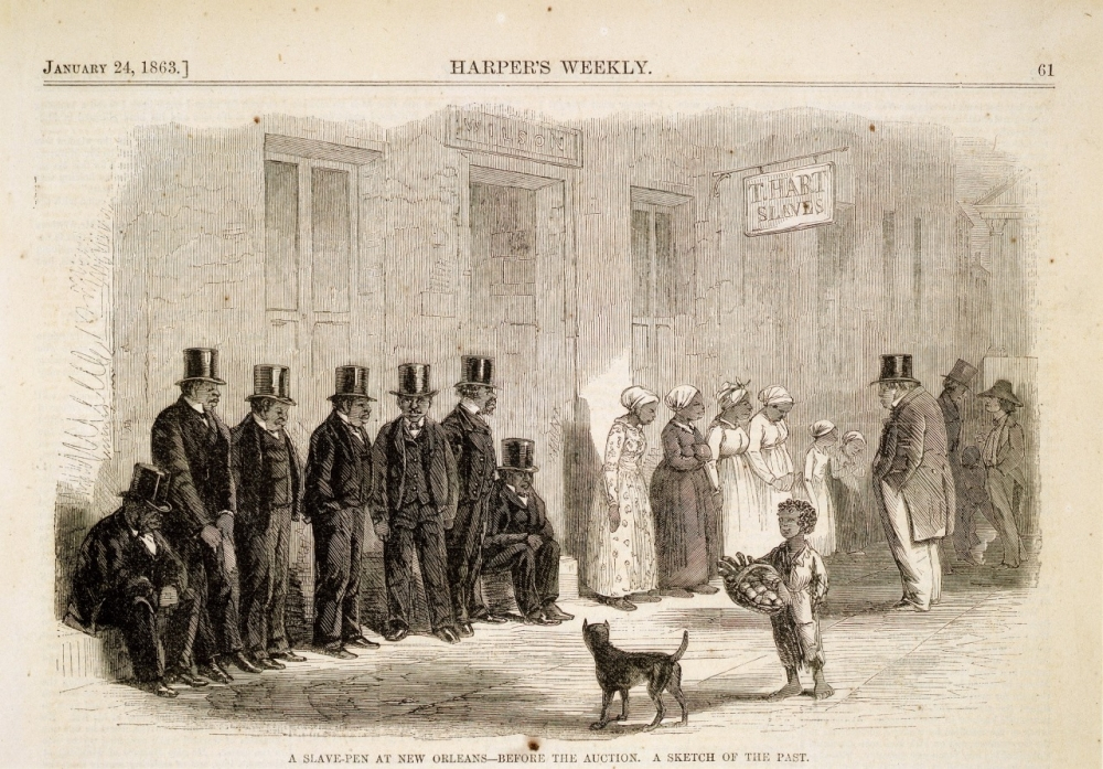 An 1861 Harpers Weekly illustration depicts people in New Orleans at a slave auction. Men in top hats are seated, while others, including women and children, stand nearby. A child with a dog is in the foreground, and a sign reads Slaves.