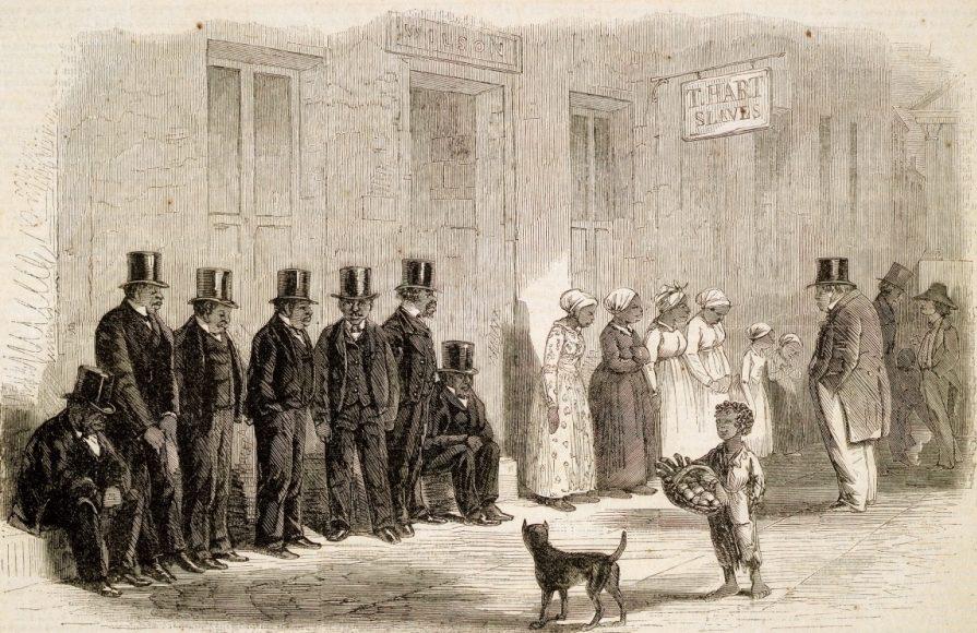 A historical illustration depicts a group of men in suits and top hats standing against a wall, while a separate group of women in long dresses gathers nearby. A child with a dog stands in the foreground, and a sign reads Slave Depot.