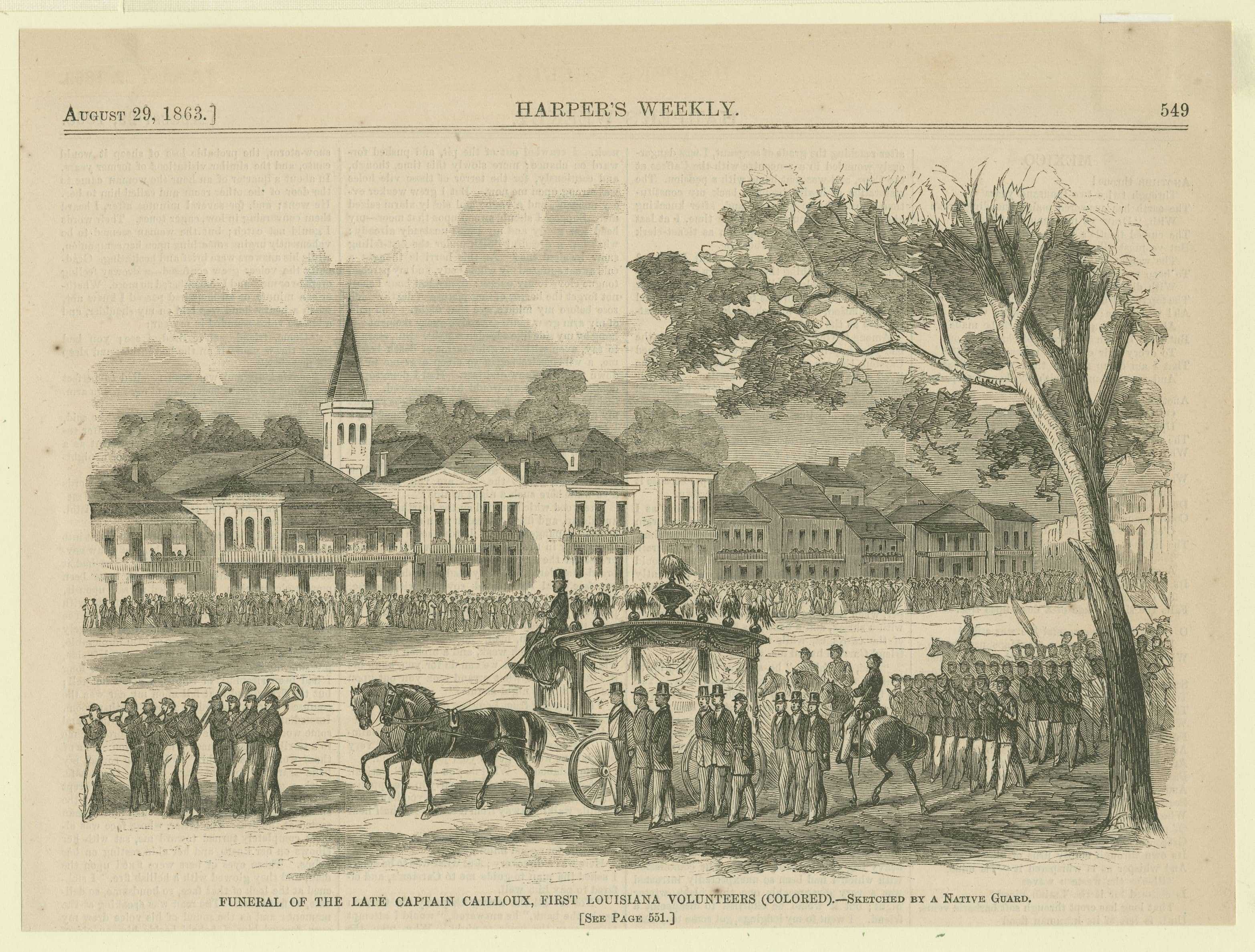 A historical illustration from Harpers Weekly dated August 29, 1863. It depicts a funeral procession for Captain Cailloux, with soldiers gathered and a carriage pulled by horses. Buildings and trees are in the background.