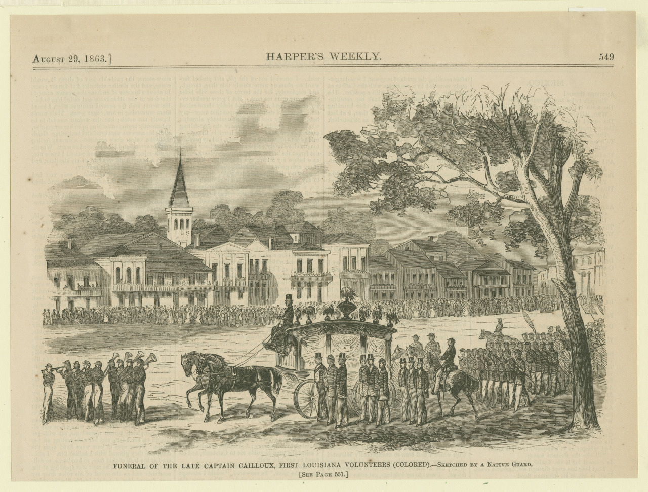 An old illustration from Harpers Weekly, dated August 29, 1863. It depicts the funeral procession of Captain Cailloux of the First Louisiana Volunteers. A horse-drawn hearse is followed by a crowd, with buildings and trees in the background.