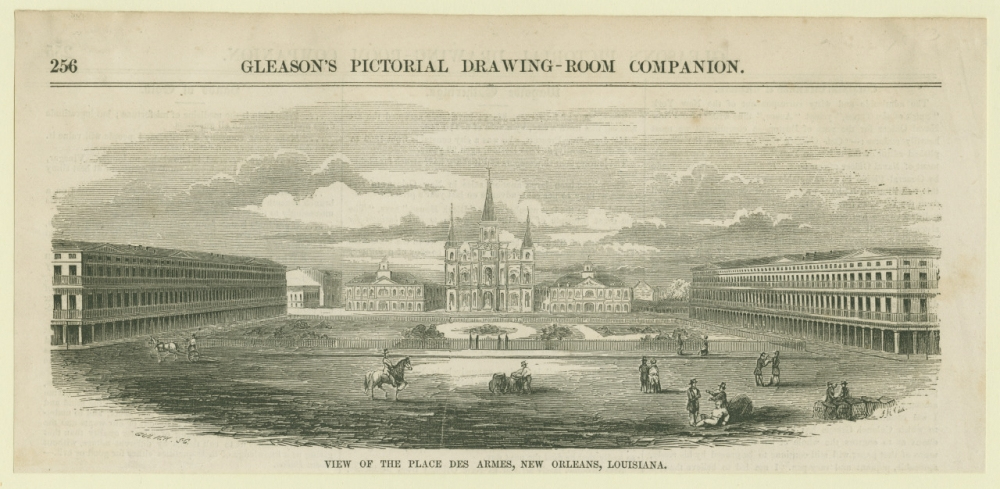 An intricate engraving titled Gleasons Pictorial Drawing-Room Companion depicts the Place des Armes in New Orleans, Louisiana, featuring a grand cathedral, surrounding buildings, people on horseback, and pedestrians in a large plaza setting.