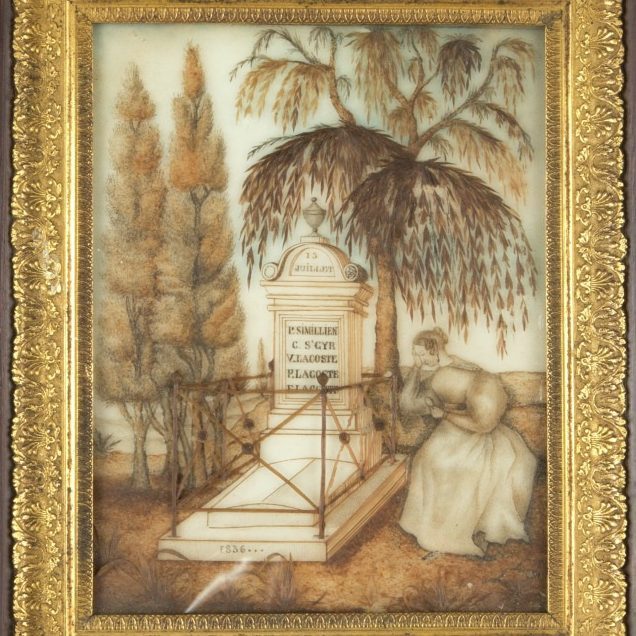 A framed sepia-tone painting depicts a woman kneeling beside a tombstone, surrounded by trees. The tombstone has inscriptions, and a small wooden fence encloses the area. The scene conveys a sense of mourning and remembrance.