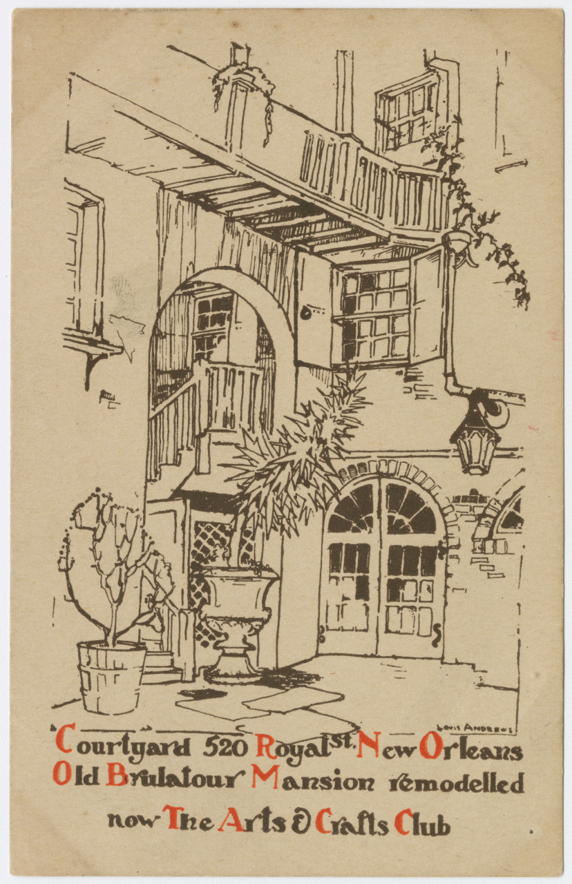 Illustration of a courtyard at 520 Royal St., New Orleans. It features a staircase, plant pots, and an arched door. The text mentions the old Brulatour Mansion, now remodeled as The Arts & Crafts Club.