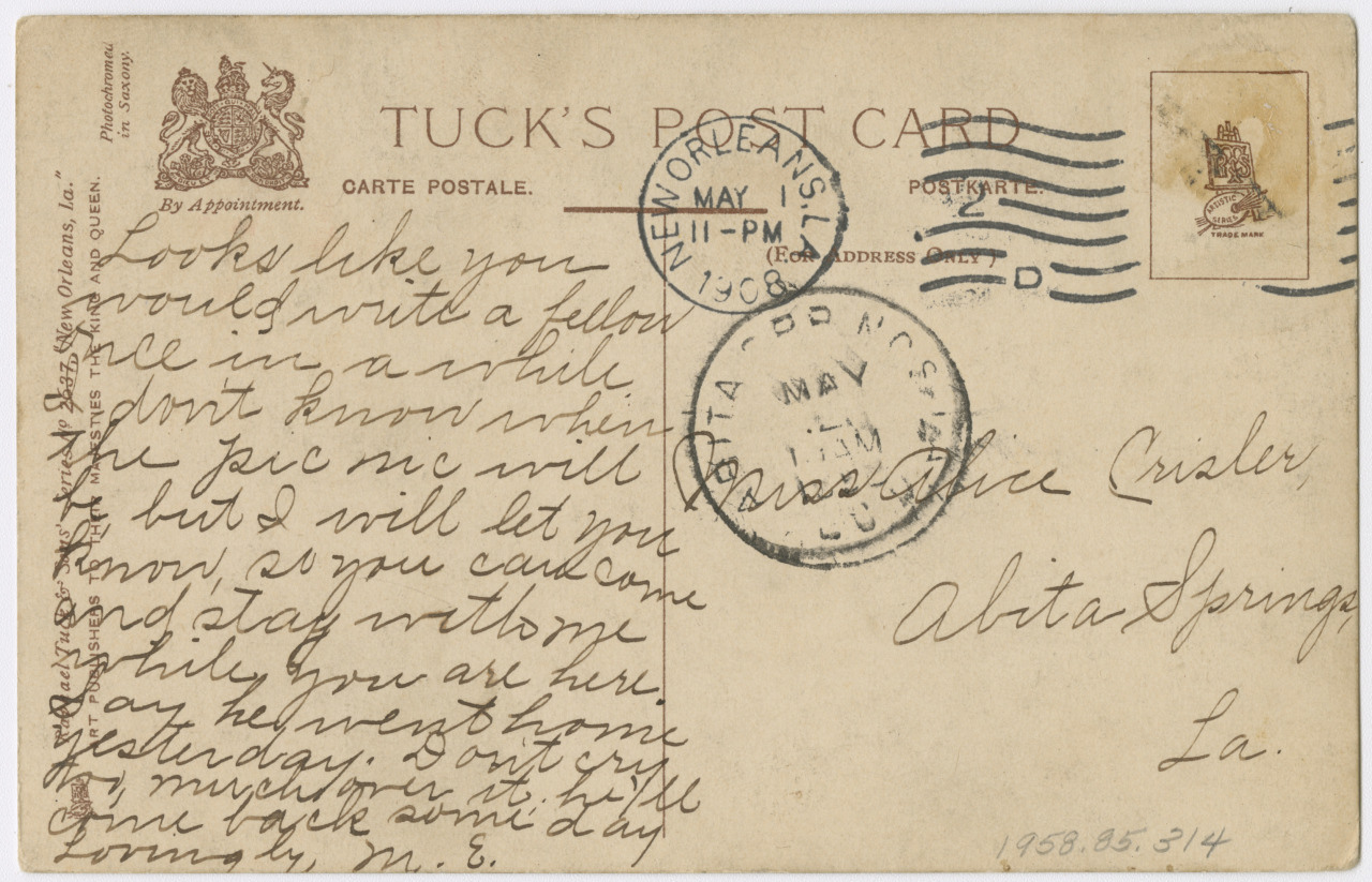 A vintage postcard with handwritten text on the left side, with the address and postage stamps on the right. The text is partially legible and written in cursive. The postcard is from 1908, postmarked New Orleans, LA.