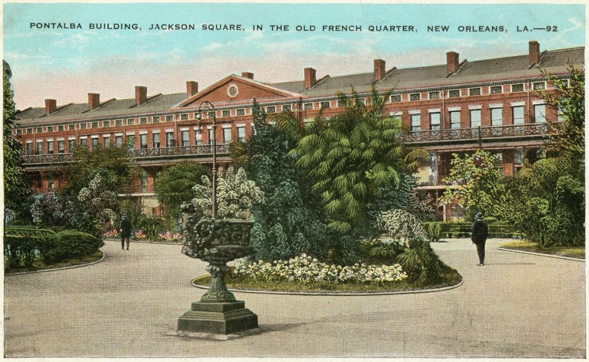 Color postcard showing the Lower Pontalba Building, ca. 1910.