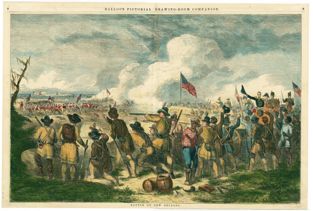Historical illustration depicting the Battle of New Orleans during the War of 1812, with soldiers in the foreground aiming rifles and a distant army approaching. Smoke and flags can be seen in the background.