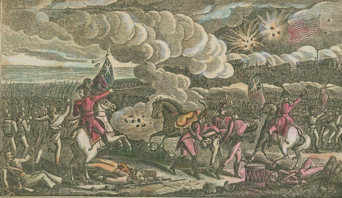 Historic battle scene engraving showing soldiers on horseback and on foot engaged in combat. Smoke, chaos, and fallen soldiers are visible, with flags, including an early U.S. flag, waving amidst the tumult.