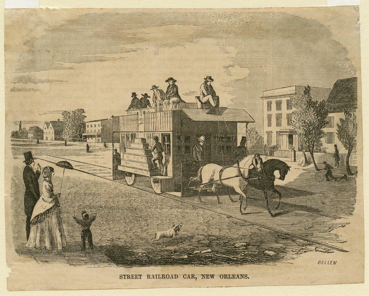 A vintage illustration of a horse-drawn streetcar in New Orleans. Passengers sit on the roof and inside the open-sided car. People stand on the street, waving. Buildings and trees are visible in the background.