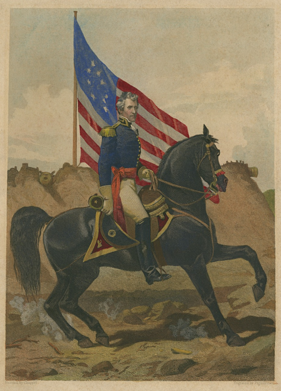 A military officer in 19th-century uniform sits on a rearing black horse. An American flag waves in the background. The setting appears historical, with earthworks visible. The sky is partly cloudy.