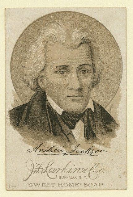 A sepia-toned illustration of a man with wavy hair and a serious expression. Below the portrait, theres a signature and the text J.P. Larkin & Co., Buffalo, N.Y., Sweet Home Soap.