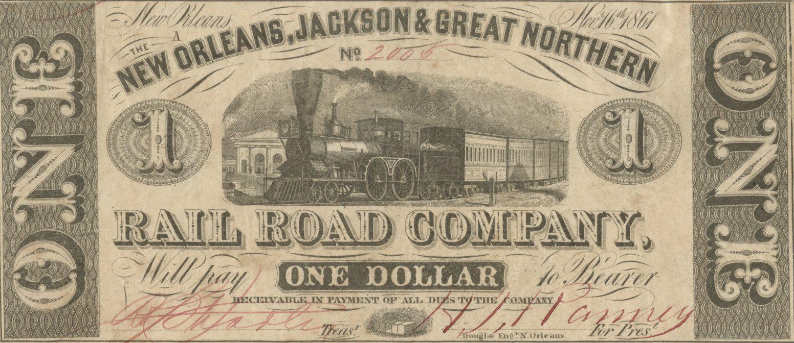 An old one-dollar banknote from the New Orleans, Jackson & Great Northern Railroad Company, featuring an illustration of a steam locomotive. The note includes ornate designs, text, and signatures in black and red ink.