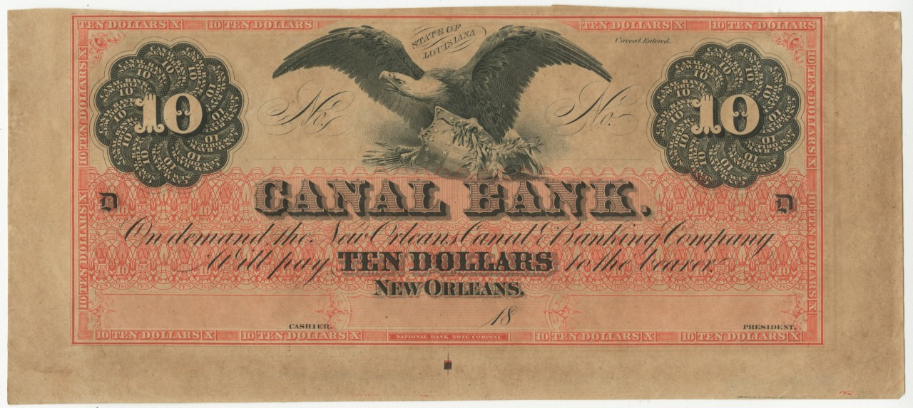 An old Canal Bank ten-dollar banknote from New Orleans, featuring an eagle with open wings at the top center. Ornate designs frame the text, with the denomination 10 prominently displayed on both sides. The text is printed in black and red.