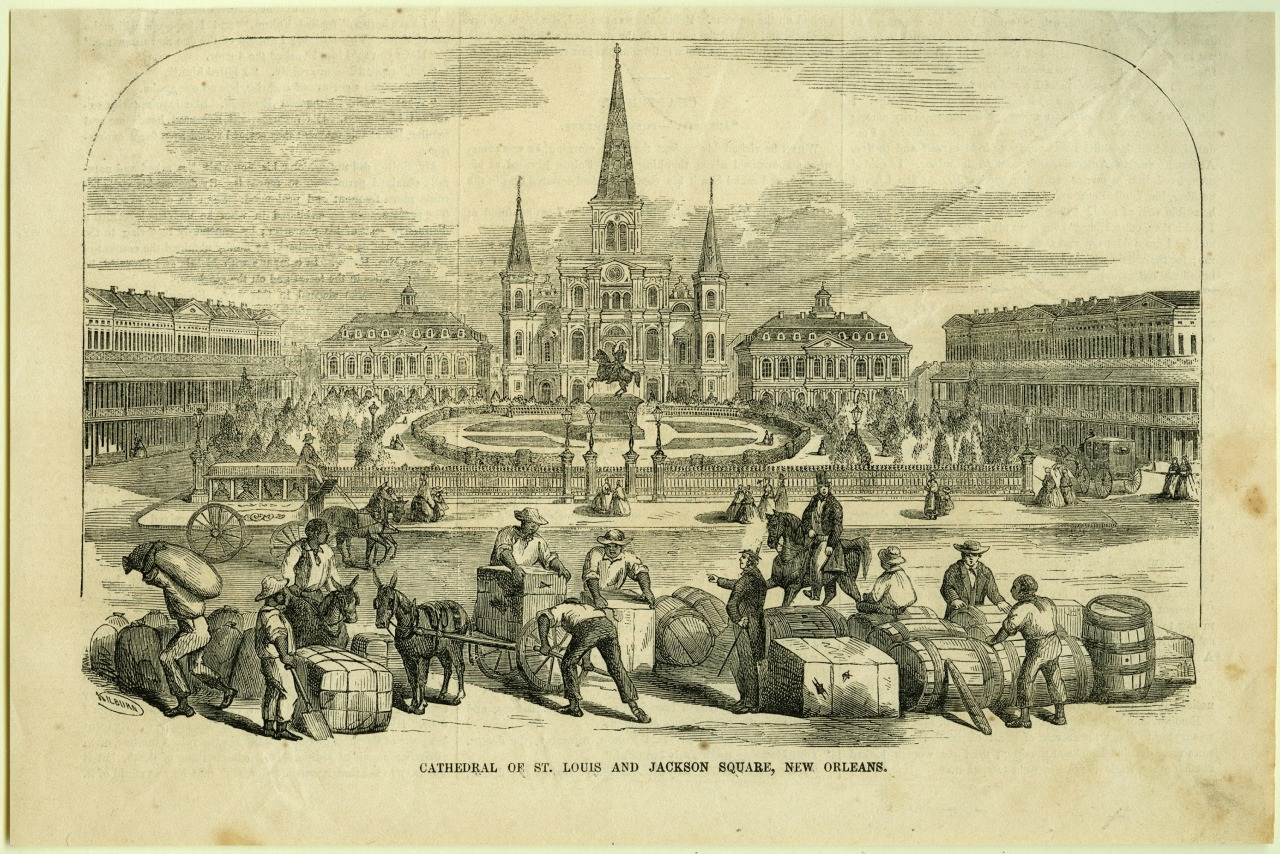 A vintage illustration of bustling Jackson Square in New Orleans, with people carrying barrels and goods in the foreground. The St. Louis Cathedral stands prominently in the background, surrounded by historical buildings.