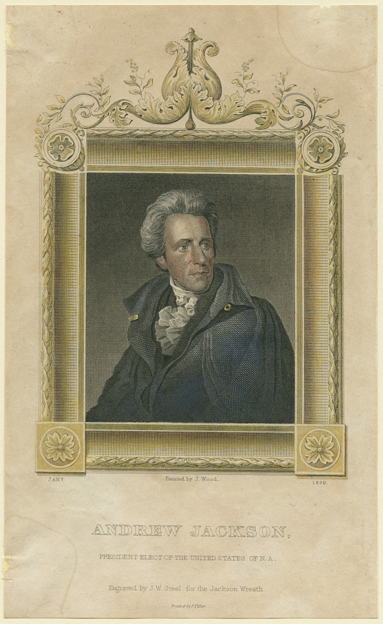 An ornate portrait of Andrew Jackson, featuring him in a dark coat with a high collar. The frame is decorative with gold embellishments and floral motifs. The text indicates he is the President-elect of the United States of America, dated 1829.