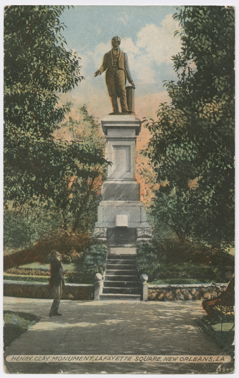 A vintage postcard depicting the Henry Clay Monument in Lafayette Square, New Orleans, LA. The monument shows a statue of a man atop a tall pedestal, surrounded by trees, with a person standing at the base and admiring the statue.