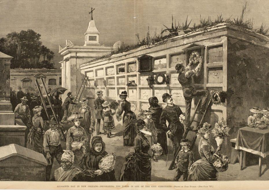 A historical illustration depicts All Saints Day in New Orleans. People visit a cemetery, placing flowers and wreaths on above-ground tombs. A man stands on a ladder, tending a grave. Many visitors, including women and children, hold umbrellas.