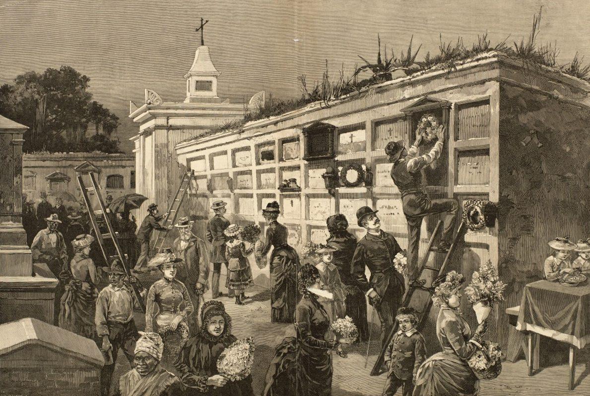An illustration depicts people in a cemetery, many holding bouquets. They are gathered around a wall of tombs, with some individuals visiting or decorating them. Ladders are used to reach higher tombs. Victorian-era clothing suggests a historical setting.