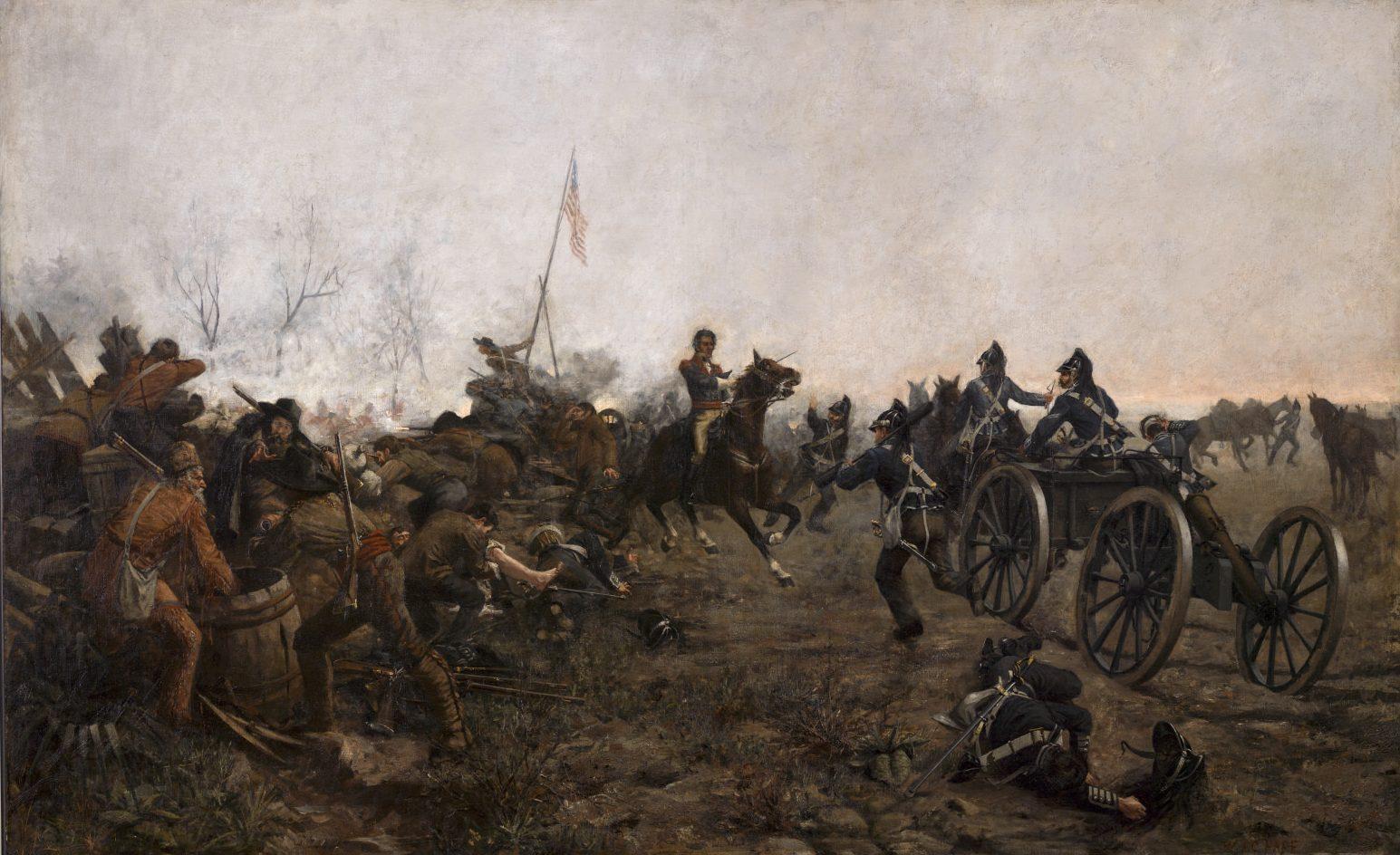 A historical battle scene depicting soldiers on horseback and on foot amidst smoke and chaos. An American flag is visible in the background, and a cannon is positioned on the right. Fallen soldiers lie on the ground. The setting appears rugged and tense.