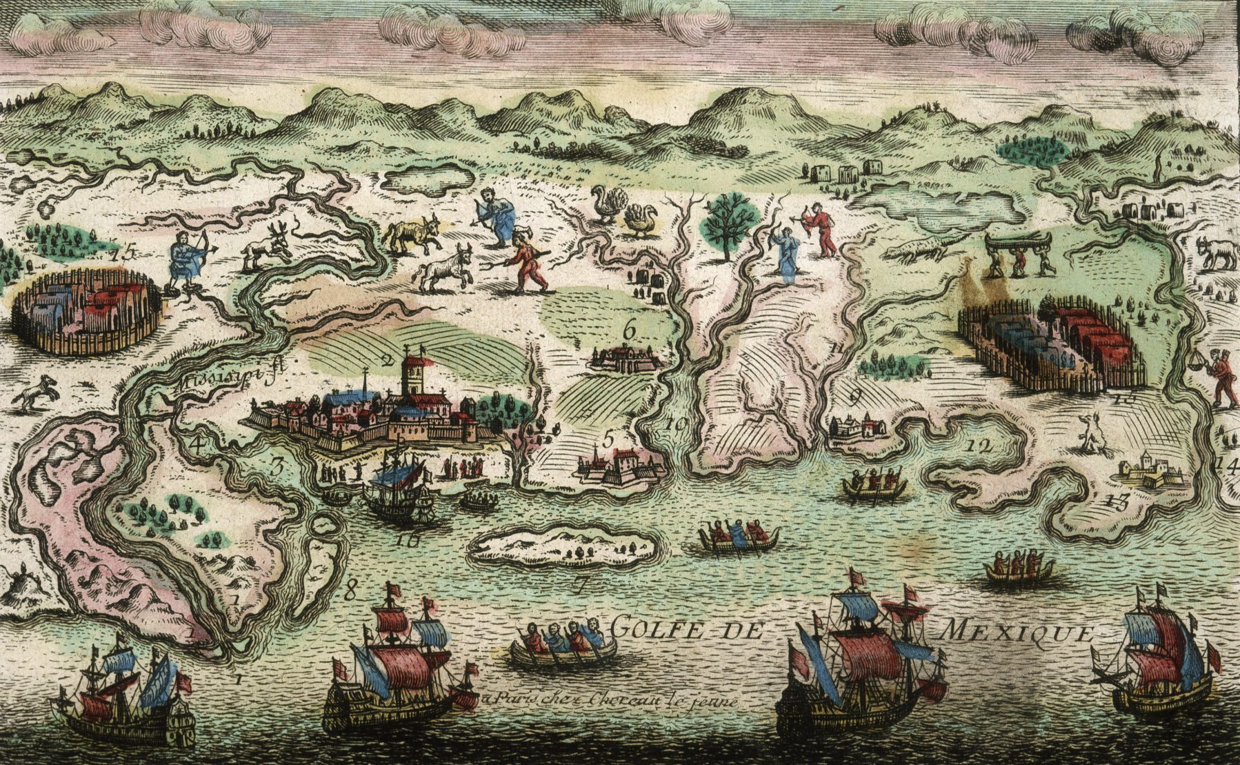 A vintage map illustration of the Gulf of Mexico, depicting historical ships sailing in the water. The land features small settlements, mountainous terrain, and decorative figures, showcasing an artistic interpretation of the geography.