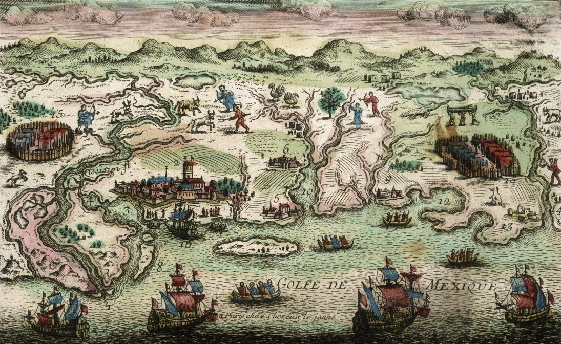 A vintage, colorful illustrated map depicting the Gulf of Mexico region, featuring ships at sea, towns, rivers, and mountains. The map includes detailed figures, such as animals and humans, scattered throughout the landscape.