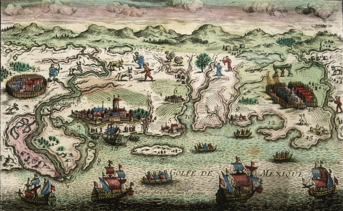 A vintage map illustration depicting the Gulf of Mexico and surrounding landscapes. It features ships in the water, small towns, and mythical figures scattered across the land. The map is colored and has a decorative, artistic style.