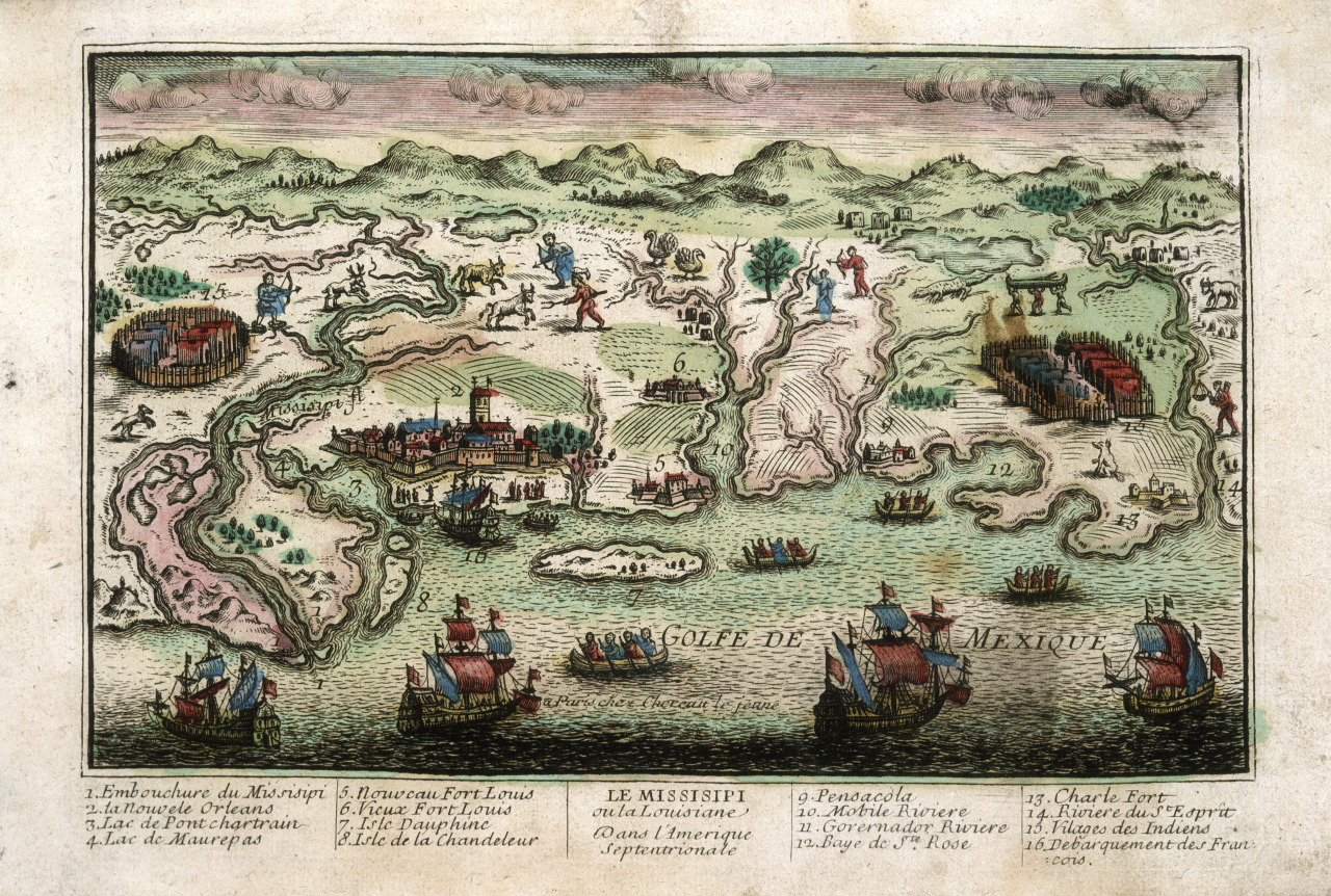 An antique map illustration depicts the Mississippi River and Gulf of Mexico region, featuring labeled locations such as forts, settlements, and ships sailing in the water. The landscape includes mountains, forests, and small villages.