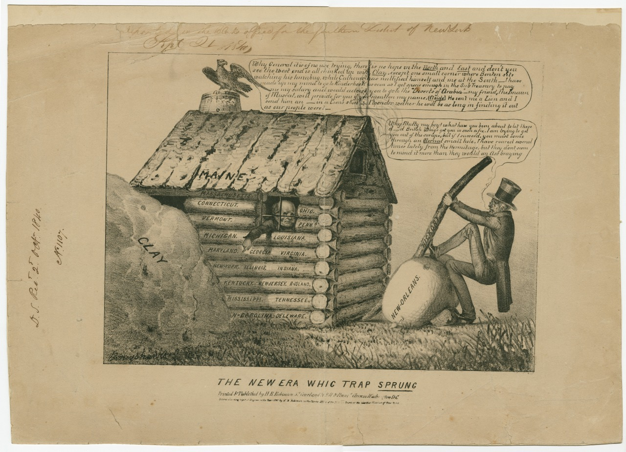 A political cartoon depicting a man pulling on a log labeled MAGNOLIA from a log cabin. The cabin is labeled with state names and has a raccoon on the roof. A boulder labeled CLAY rests nearby. Speech bubbles contain text addressing political themes.