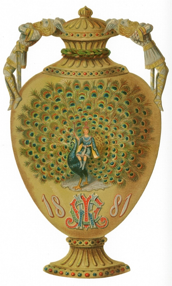 Illustration of an ornate vase with a peacock design. The vase features detailed peacock feathers in vibrant colors, a central figure, and decorative elements with the years 1881 and intricate initials at the base. Decorative handles embellish the top.