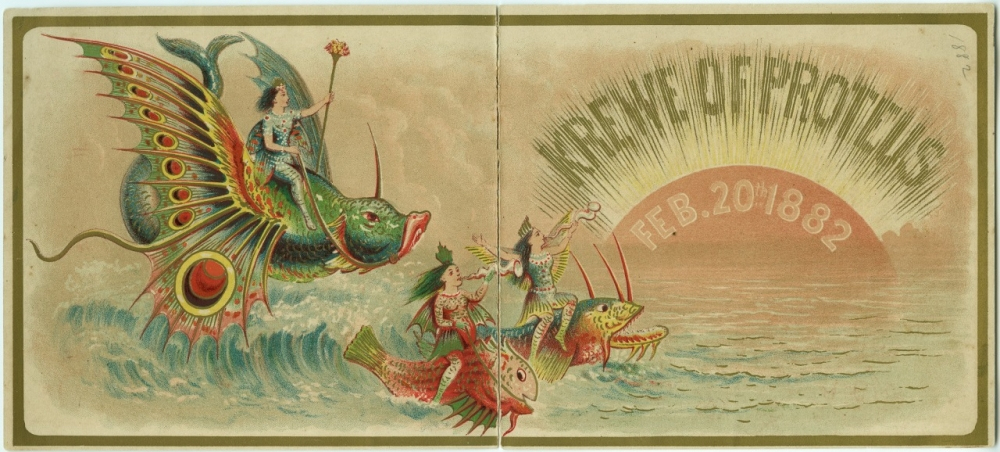 Illustration of fantastical sea creatures and people riding them through ocean waves, with vibrant colors. Text reads Krewe of Proteus Feb. 20th 1882 against a sunset backdrop.