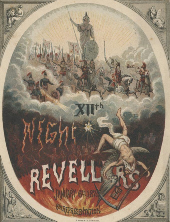 Vintage illustration depicting a mythological scene with a king on horseback leading a procession in the sky. Below, a figure with wings falls. The text reads XIIth Night Revellers, January 6th, 1873, Our Representation. Decorative borders frame the image.