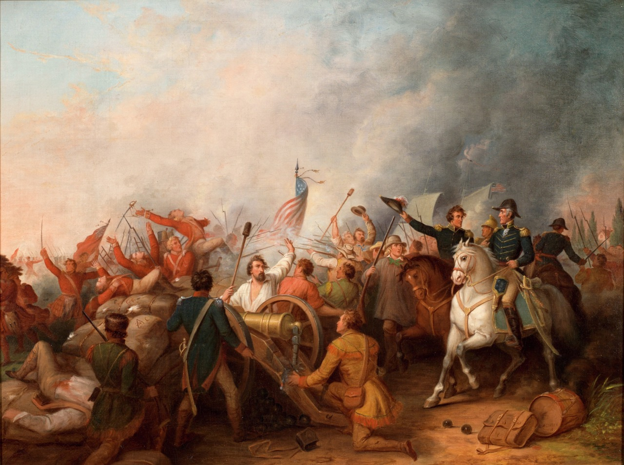 A dramatic painting depicts a battle scene with soldiers in 19th-century military uniforms. An officer on horseback raises his hat while troops with rifles and cannons engage in combat. An American flag waves amid smoke and chaos.