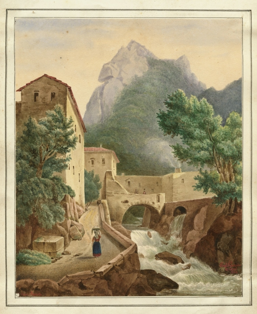 A scenic watercolor painting depicts a rustic village with stone buildings, a stone bridge over a flowing river, and lush green trees. Majestic mountains form the backdrop. A person stands on a path near the river.