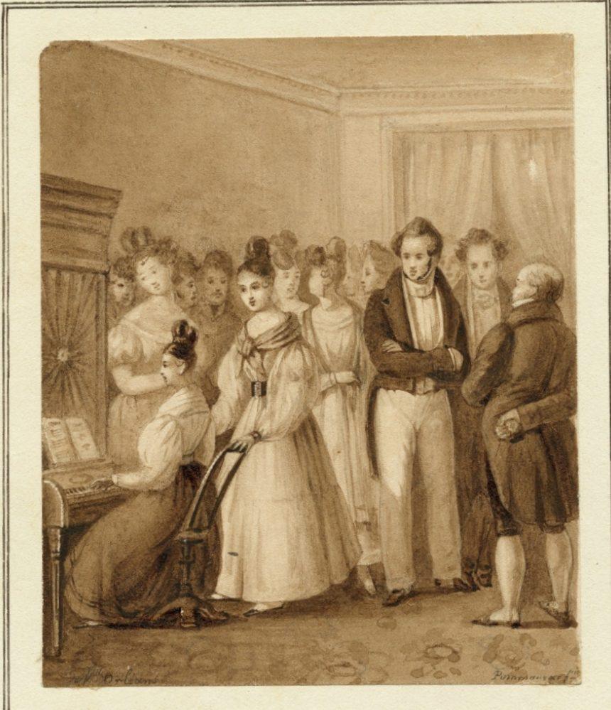 Sepia-toned illustration of a social gathering in a room. A woman is playing a piano while others stand around, listening. Some men are in period attire, with coats and cravats. Women wear long dresses with hair up. The room has ornate curtains.