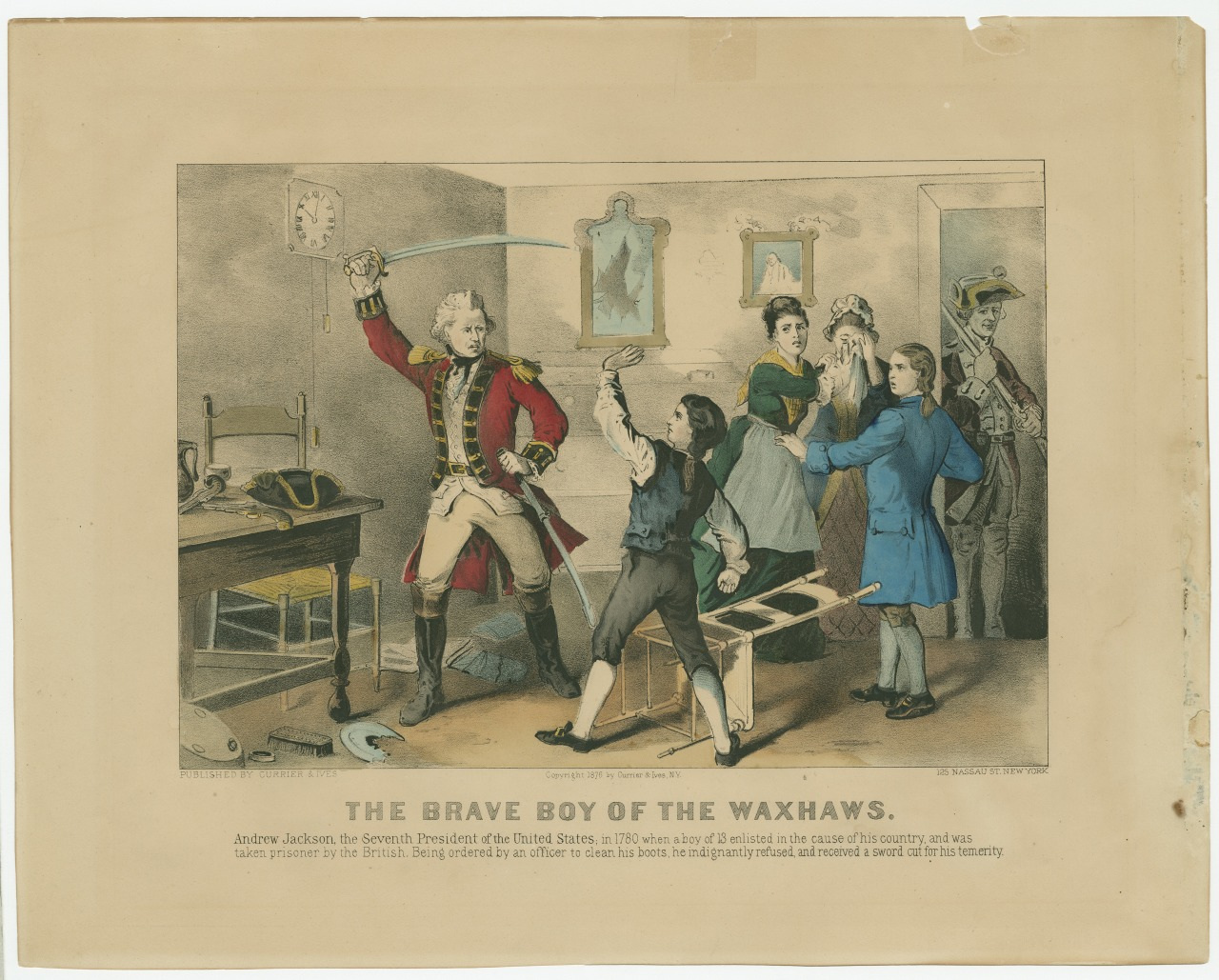A historical illustration titled The Brave Boy of the Waxhaws, depicting a young Andrew Jackson being captured by British soldiers. Jackson is holding a sword and standing defiantly, while a woman and child are in the background.
