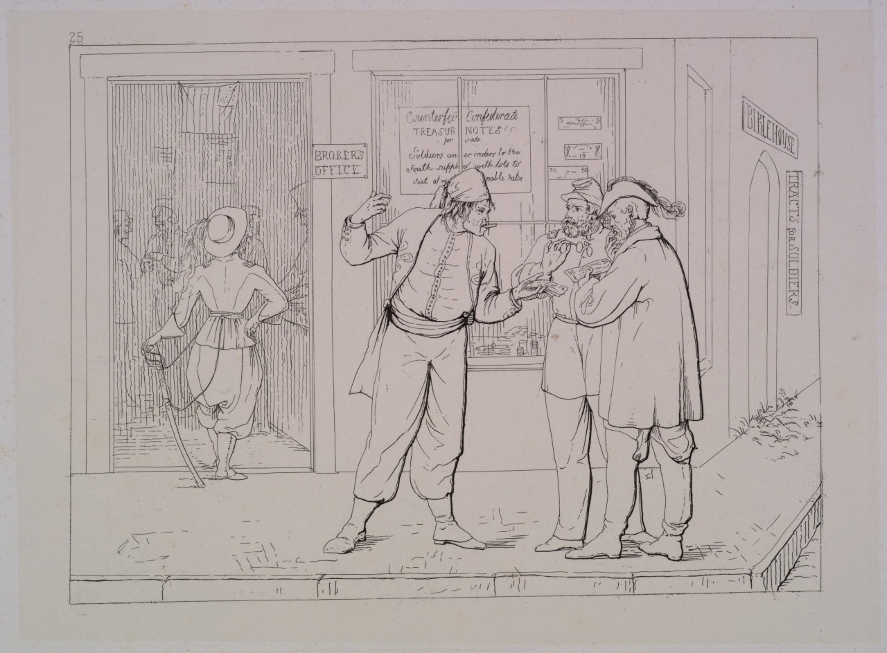 A detailed line illustration shows three men conversing on a street. One man gestures with a raised hand, another holds a box. In the background, shop signs and two more figures, one carrying a basket, can be seen.