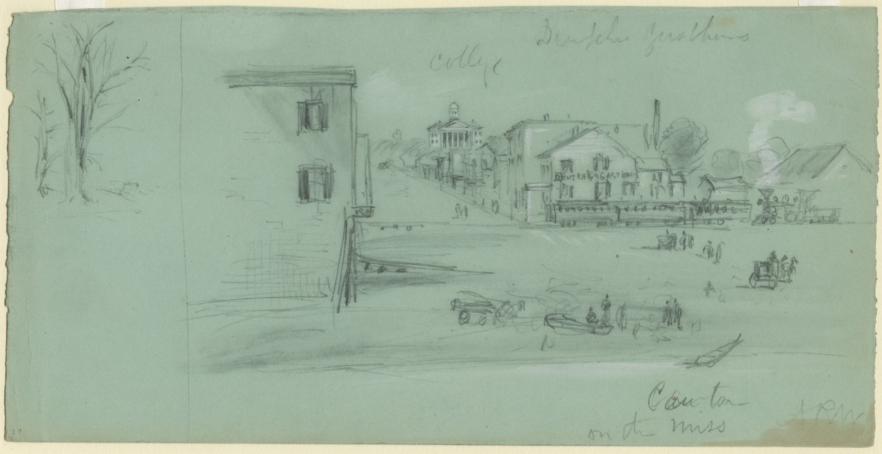 Sketch of a town scene showing buildings, a horse-drawn carriage, and figures walking. In the background, theres a steam train with smoke billowing. The drawing is on a light green paper with handwritten annotations.