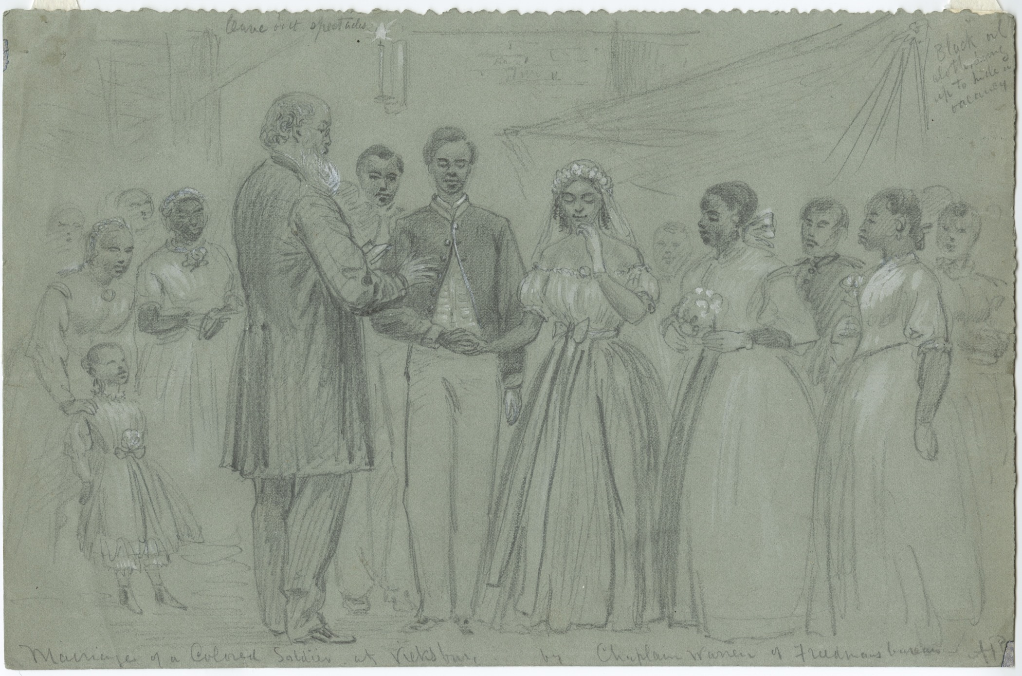 A sketch depicting a Black soldier's wedding in the years following the Civil War. The officiant is holding a document, and several guests stand around them, observing the event. The setting appears to be an indoor space with modest decorations.